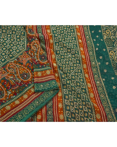 Sanskriti Vintage Sarees Georgette Hand Beaded Craft Fabric Premium 5 Yard Sari, PS-50360-Multi Color-Sequins Work-Georgette-3