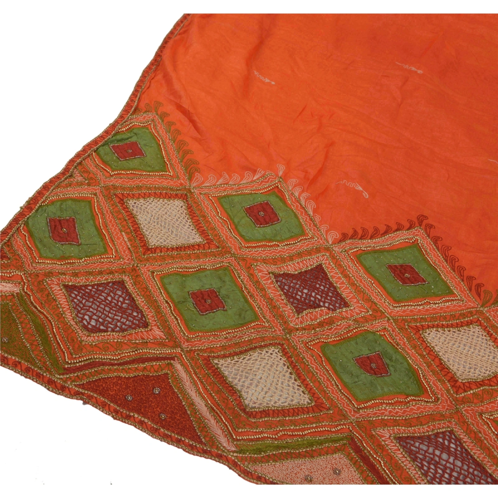 Sanskriti Vintage Sarees Pure Silk Fabric Handmade Pre Stitched Lehenga Sari, PS-50417-Orange-Thread Work-100% Pure Silk-3