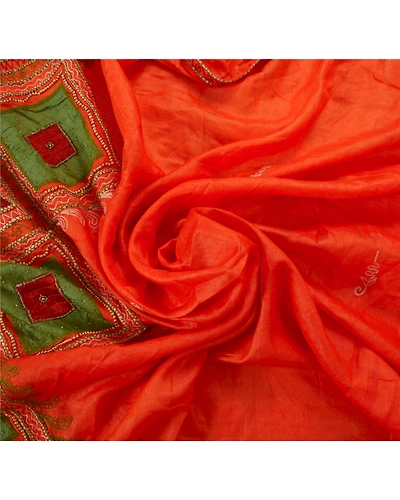 Sanskriti Vintage Sarees Pure Silk Fabric Handmade Pre Stitched Lehenga Sari, PS-50417-Orange-Thread Work-100% Pure Silk-4