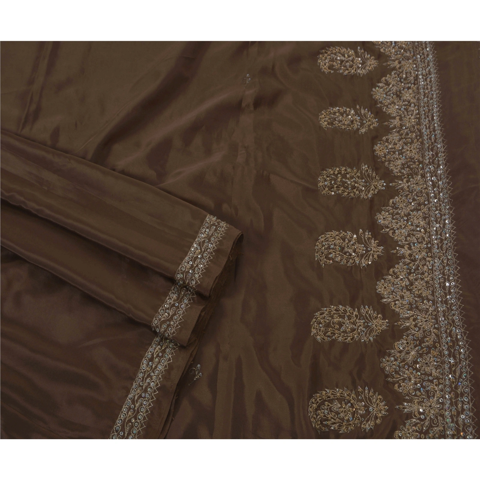 Sanskriti Vintage Sarees Art Silk Hand Beaded Brown Fabric Premium 5 Yard Sari, PS-50455-Brown-Zardozi Work-Art Silk-2