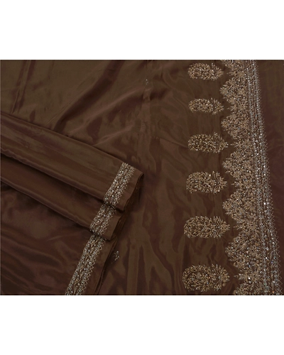 Sanskriti Vintage Sarees Art Silk Hand Beaded Brown Fabric Premium 5 Yard Sari, PS-50455-Brown-Zardozi Work-Art Silk-2
