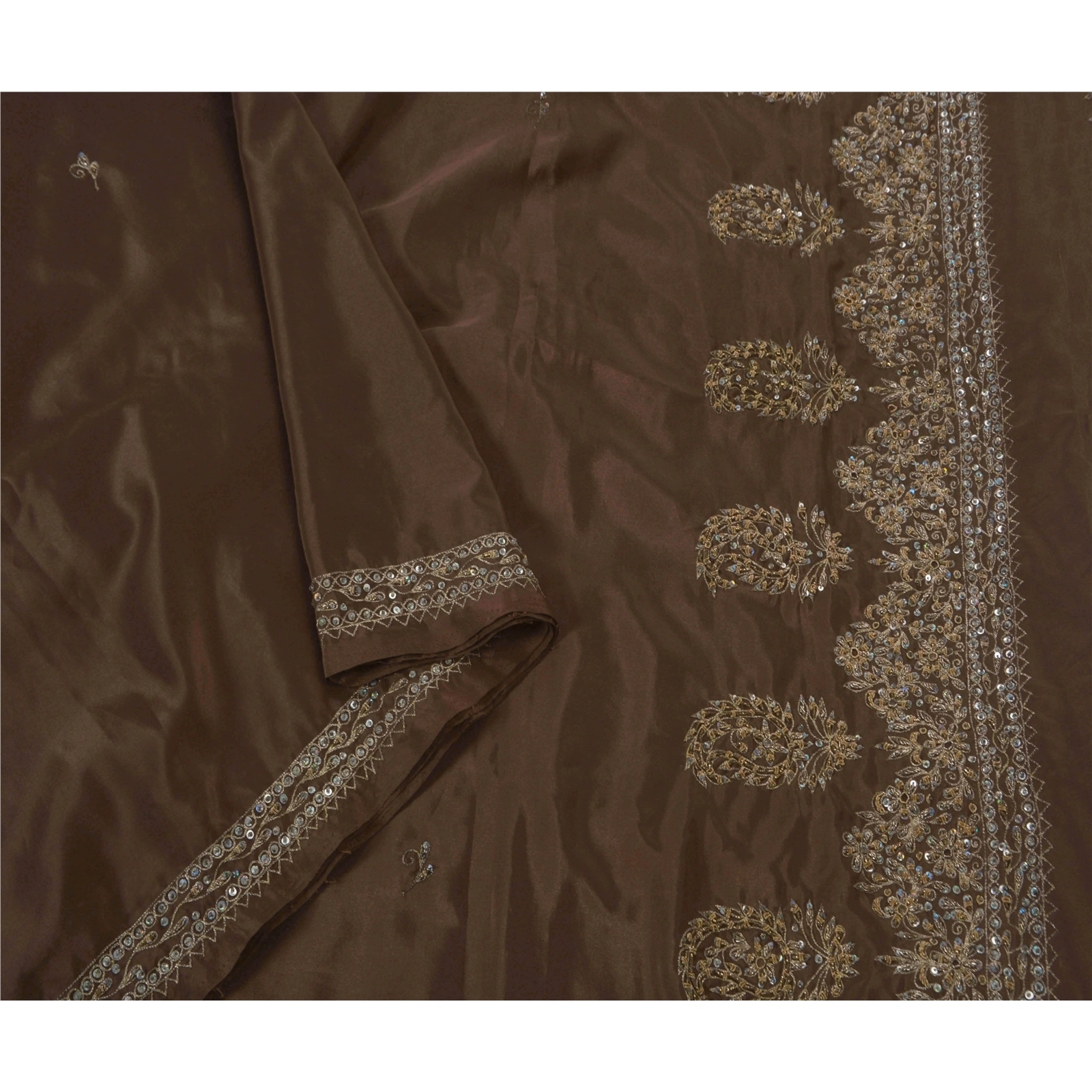 Sanskriti Vintage Sarees Art Silk Hand Beaded Brown Fabric Premium 5 Yard Sari, PS-50455-Brown-Zardozi Work-Art Silk-3