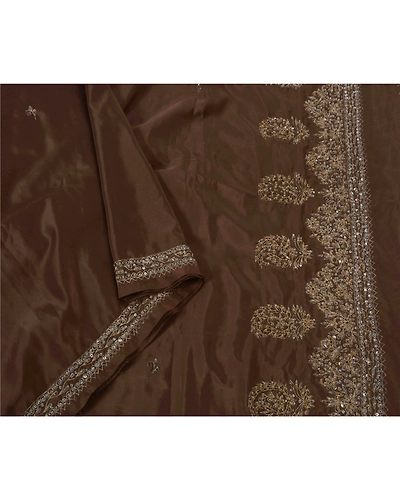 Sanskriti Vintage Sarees Art Silk Hand Beaded Brown Fabric Premium 5 Yard Sari, PS-50455-Brown-Zardozi Work-Art Silk-3