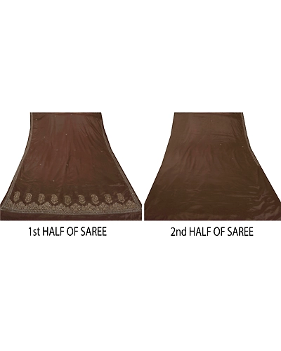 Sanskriti Vintage Sarees Art Silk Hand Beaded Brown Fabric Premium 5 Yard Sari, PS-50455-Brown-Zardozi Work-Art Silk-4