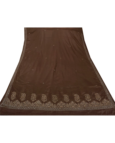 Sanskriti Vintage Sarees Art Silk Hand Beaded Brown Fabric Premium 5 Yard Sari, PS-50455-Brown-Zardozi Work-Art Silk-6