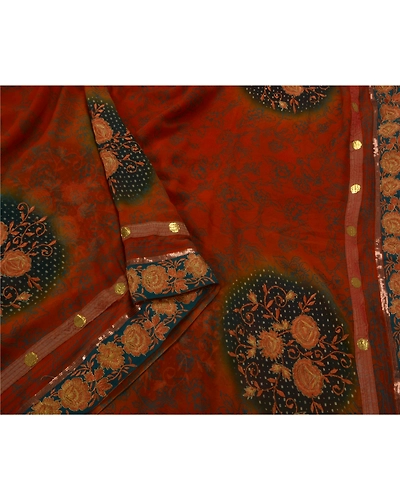 Sanskriti Vintage Antique Sarees Georgette Embroidery Orange Fabric Premium Sari, PS-50481-Orange-Thread Work-Georgette-3