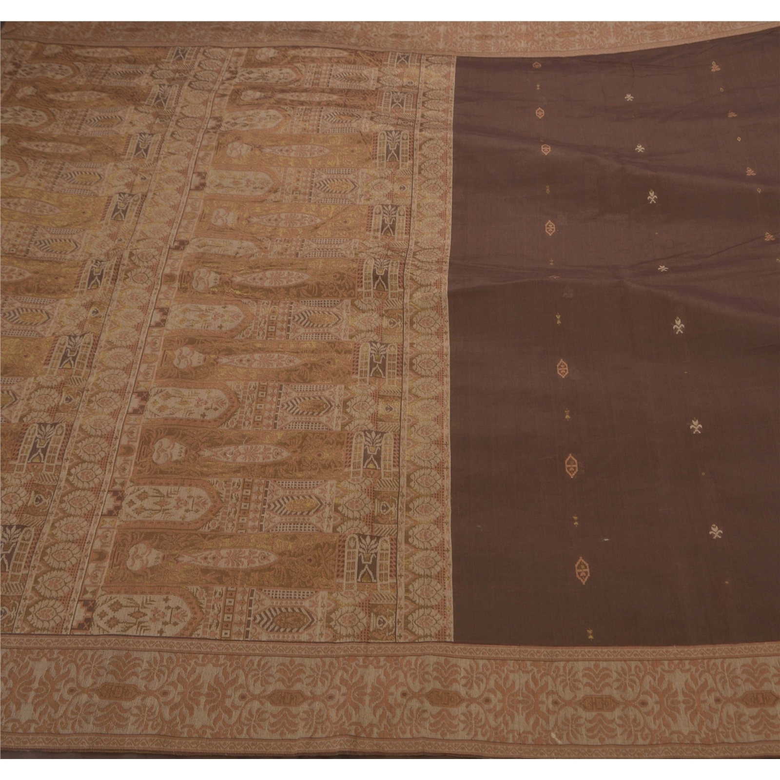 Sanskriti Vintage Sarees 100% Pure Cotton Woven Craft Fabric Premium 5 Yd Sari, PS-50525-Brown-Woven Work-100% Pure Cotton-1