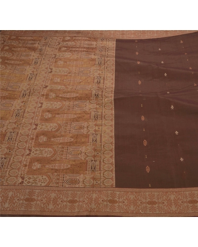 Sanskriti Vintage Sarees 100% Pure Cotton Woven Craft Fabric Premium 5 Yd Sari, PS-50525-Brown-Woven Work-100% Pure Cotton-1