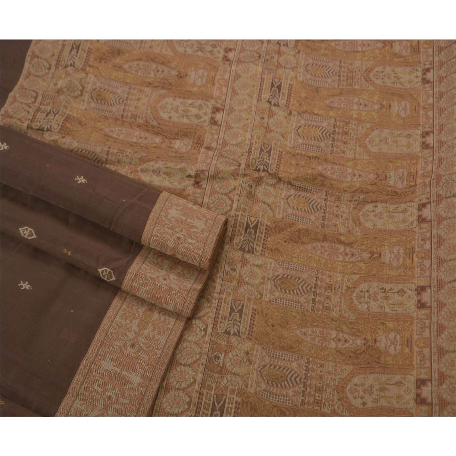 Sanskriti Vintage Sarees 100% Pure Cotton Woven Craft Fabric Premium 5 Yd Sari, PS-50525-Brown-Woven Work-100% Pure Cotton-2