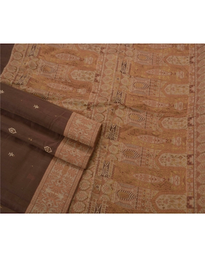 Sanskriti Vintage Sarees 100% Pure Cotton Woven Craft Fabric Premium 5 Yd Sari, PS-50525-Brown-Woven Work-100% Pure Cotton-2