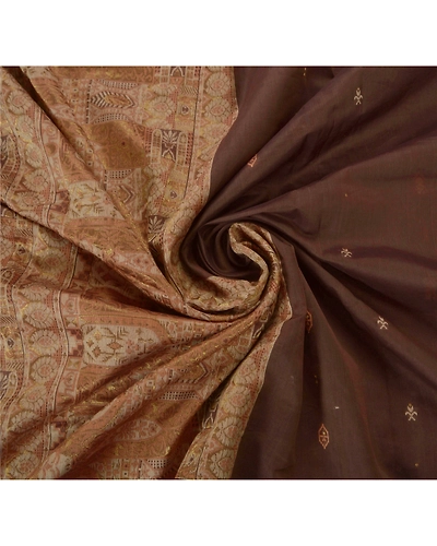 Sanskriti Vintage Sarees 100% Pure Cotton Woven Craft Fabric Premium 5 Yd Sari, PS-50525-Brown-Woven Work-100% Pure Cotton-5