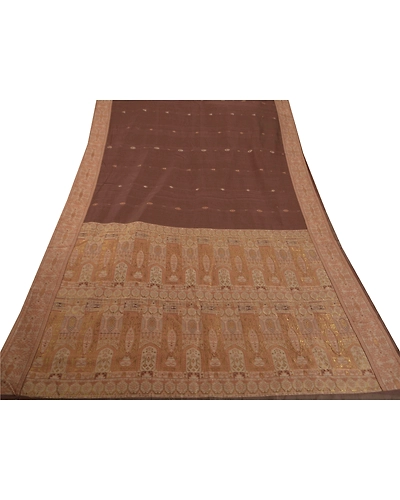 Sanskriti Vintage Sarees 100% Pure Cotton Woven Craft Fabric Premium 5 Yd Sari, PS-50525-Brown-Woven Work-100% Pure Cotton-6