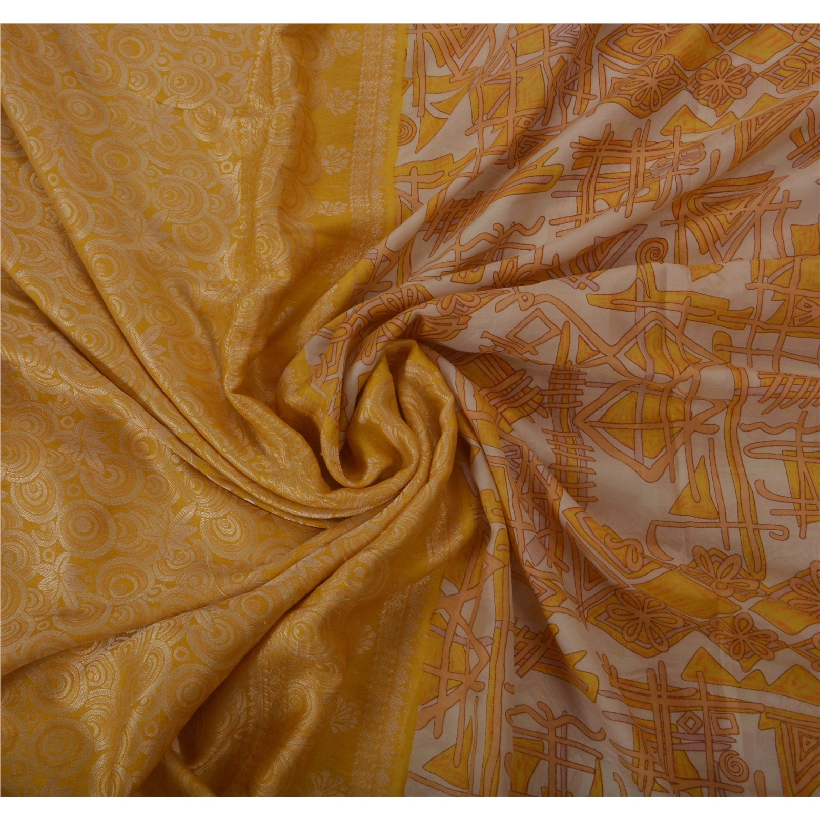 Sanskriti Vintage Mustard Sarees 100% Pure Silk Woven Craft Fabric 5Yd Sari, PS-50544-Mustard-Woven Work-100% Pure Silk-5