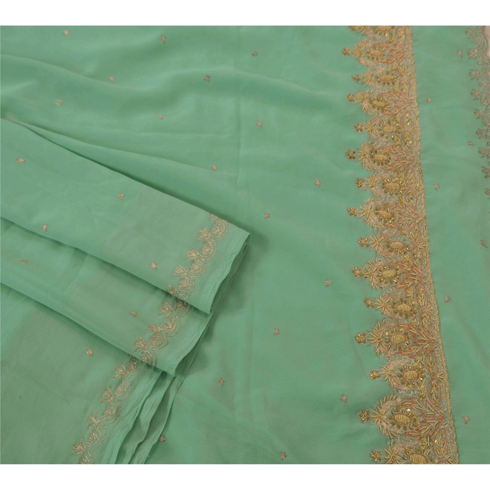 Sanskriti Vintage Sarees Georgette Hand Beaded Green Fabric Premium Craft Sari, PS-50567-Green-Zari Work-Georgette-2