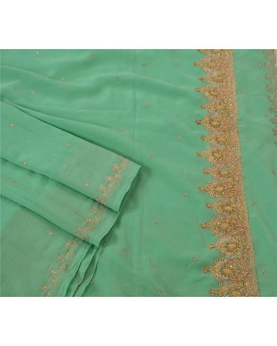 Sanskriti Vintage Sarees Georgette Hand Beaded Green Fabric Premium Craft Sari, PS-50567-Green-Zari Work-Georgette-2