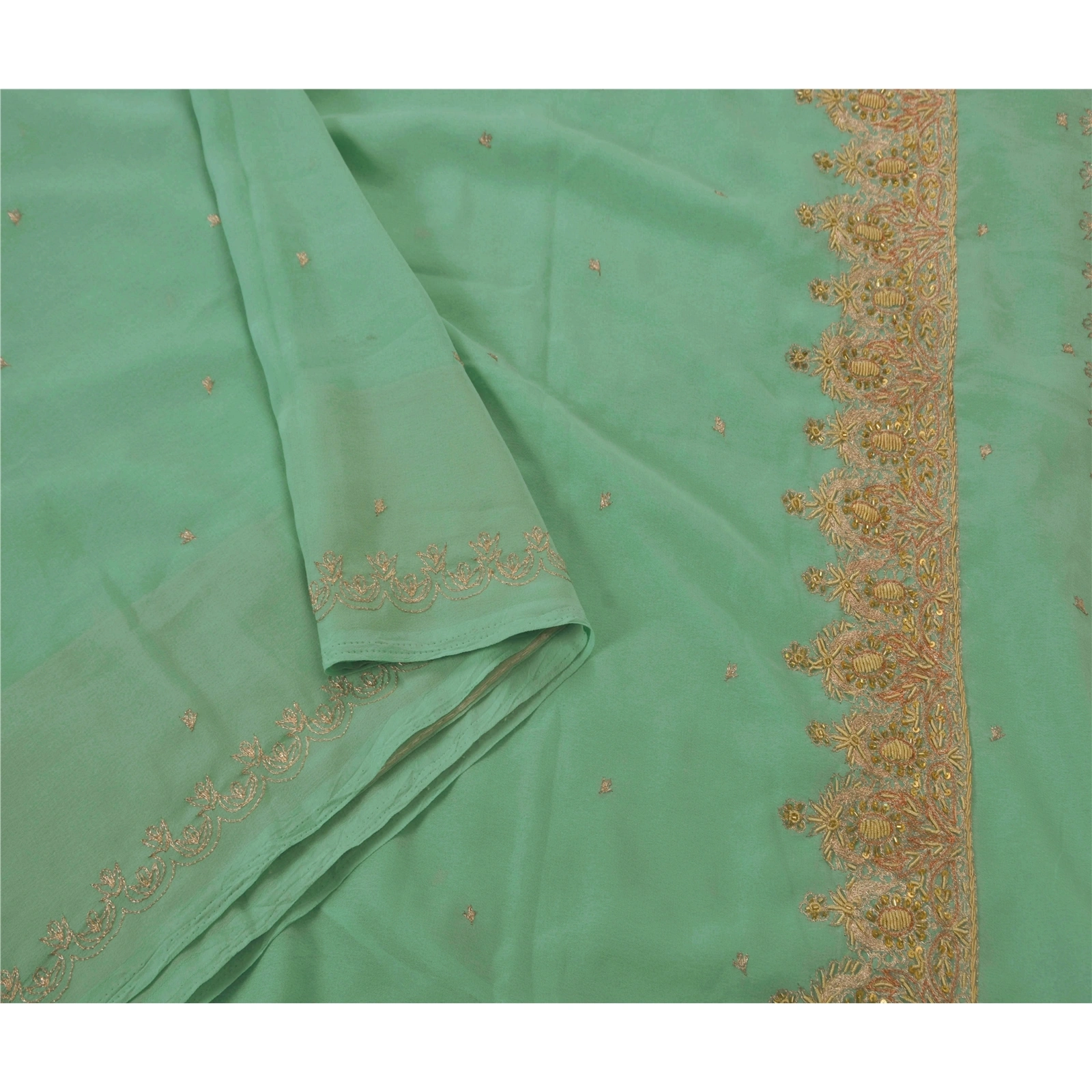 Sanskriti Vintage Sarees Georgette Hand Beaded Green Fabric Premium Craft Sari, PS-50567-Green-Zari Work-Georgette-3