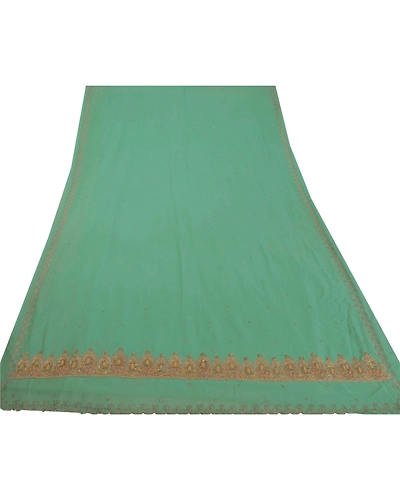 Sanskriti Vintage Sarees Georgette Hand Beaded Green Fabric Premium Craft Sari, PS-50567-Green-Zari Work-Georgette-6