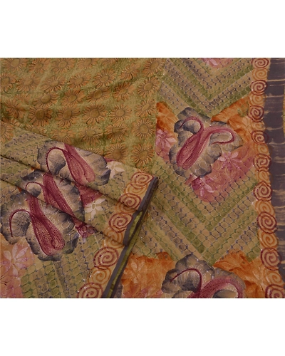 Sanskriti Vintage Sarees 100% Pure Georgette Silk Embroidered Fabric 5 Yd Sari, PS-50645-Green-Thread Work-100% Pure Georgette Silk-2