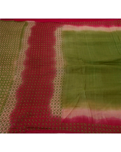 Sanskriti Vintage Saree 100% Pure Silk Hand Beaded Green Fabric 5 Yd Craft Sari, PS-50817-Green-Hand Beaded-100% Pure Silk-1
