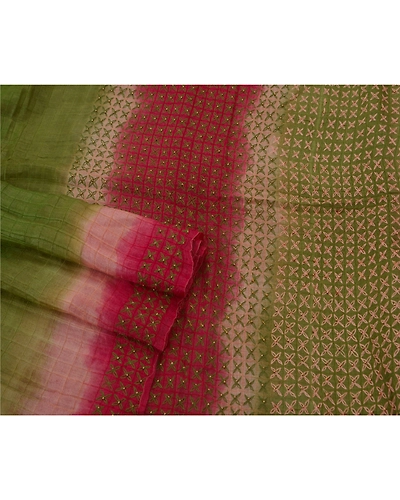 Sanskriti Vintage Saree 100% Pure Silk Hand Beaded Green Fabric 5 Yd Craft Sari, PS-50817-Green-Hand Beaded-100% Pure Silk-2