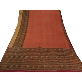 Sanskriti Vintage Red Sarees Pure Chiffon Silk Hand Beaded Fabric Printed Sari, PS-51391