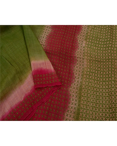 Sanskriti Vintage Saree 100% Pure Silk Hand Beaded Green Fabric 5 Yd Craft Sari, PS-50817-Green-Hand Beaded-100% Pure Silk-3