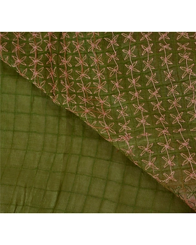 Sanskriti Vintage Saree 100% Pure Silk Hand Beaded Green Fabric 5 Yd Craft Sari, PS-50817-Green-Hand Beaded-100% Pure Silk-4