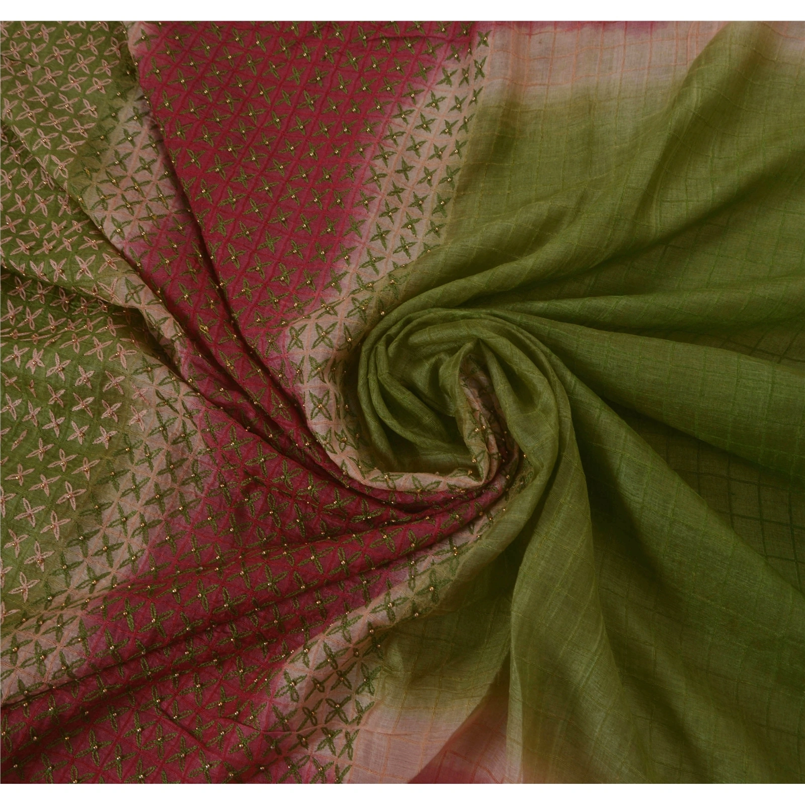 Sanskriti Vintage Saree 100% Pure Silk Hand Beaded Green Fabric 5 Yd Craft Sari, PS-50817-Green-Hand Beaded-100% Pure Silk-7