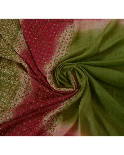 Sanskriti Vintage Saree 100% Pure Silk Hand Beaded Green Fabric 5 Yd Craft Sari, PS-50817-Green-Hand Beaded-100% Pure Silk-7