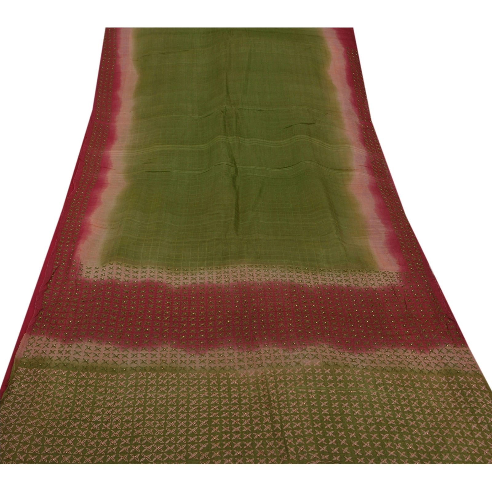 Sanskriti Vintage Saree 100% Pure Silk Hand Beaded Green Fabric 5 Yd Craft Sari, PS-50817-Green-Hand Beaded-100% Pure Silk-8