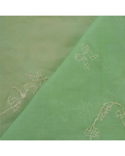 Sanskriti Vintage Indian Sarees Blend Cotton Handmade Chikankari Sari Fabric, PS-50880-Green-Thread Work-Blend Cotton-1