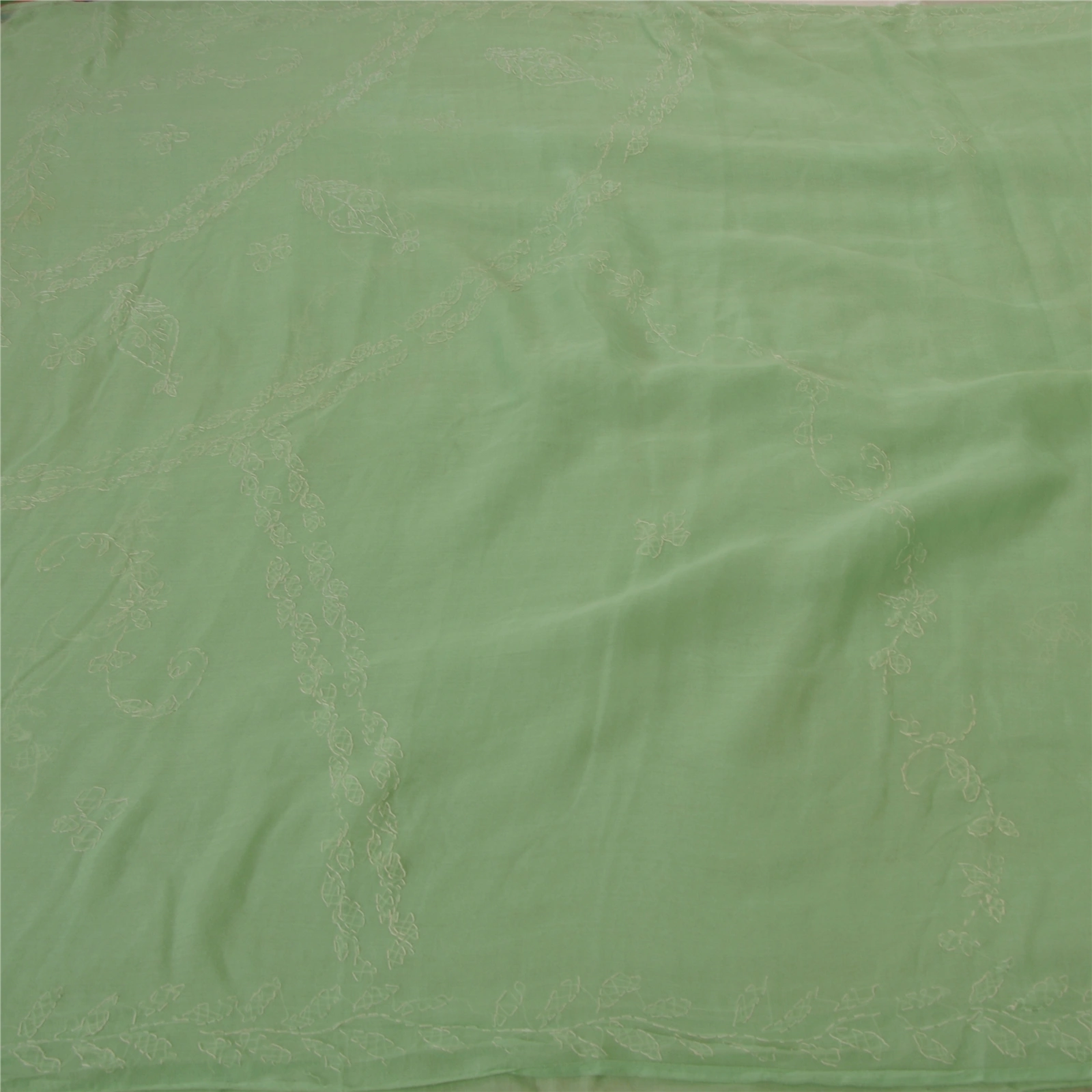 Sanskriti Vintage Indian Sarees Blend Cotton Handmade Chikankari Sari Fabric, PS-50880-Green-Thread Work-Blend Cotton-2