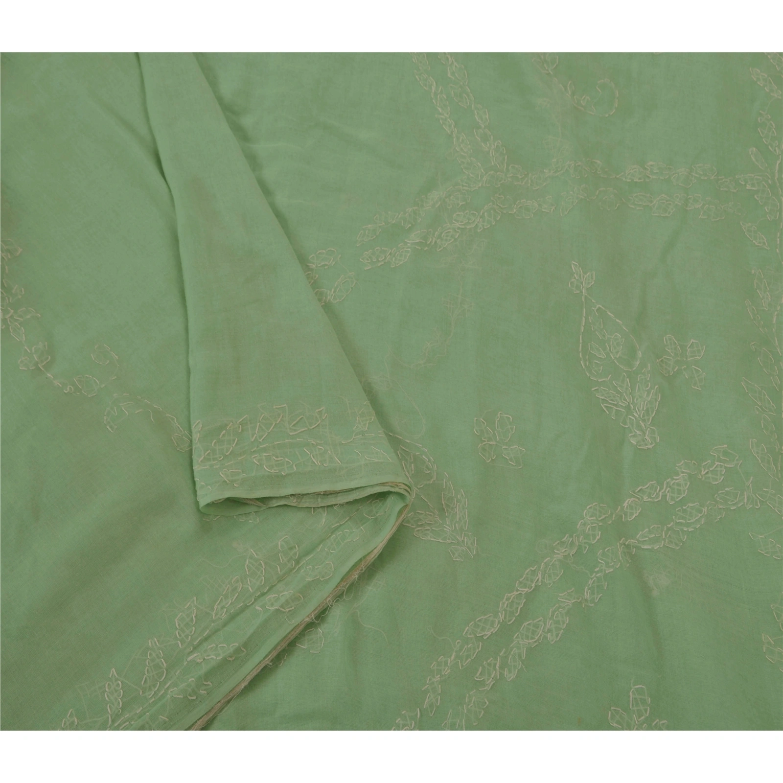 Sanskriti Vintage Indian Sarees Blend Cotton Handmade Chikankari Sari Fabric, PS-50880-Green-Thread Work-Blend Cotton-5