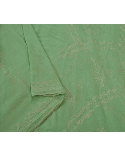 Sanskriti Vintage Indian Sarees Blend Cotton Handmade Chikankari Sari Fabric, PS-50880-Green-Thread Work-Blend Cotton-5