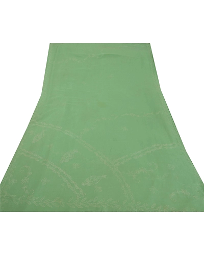 Sanskriti Vintage Indian Sarees Blend Cotton Handmade Chikankari Sari Fabric, PS-50880-Green-Thread Work-Blend Cotton-6