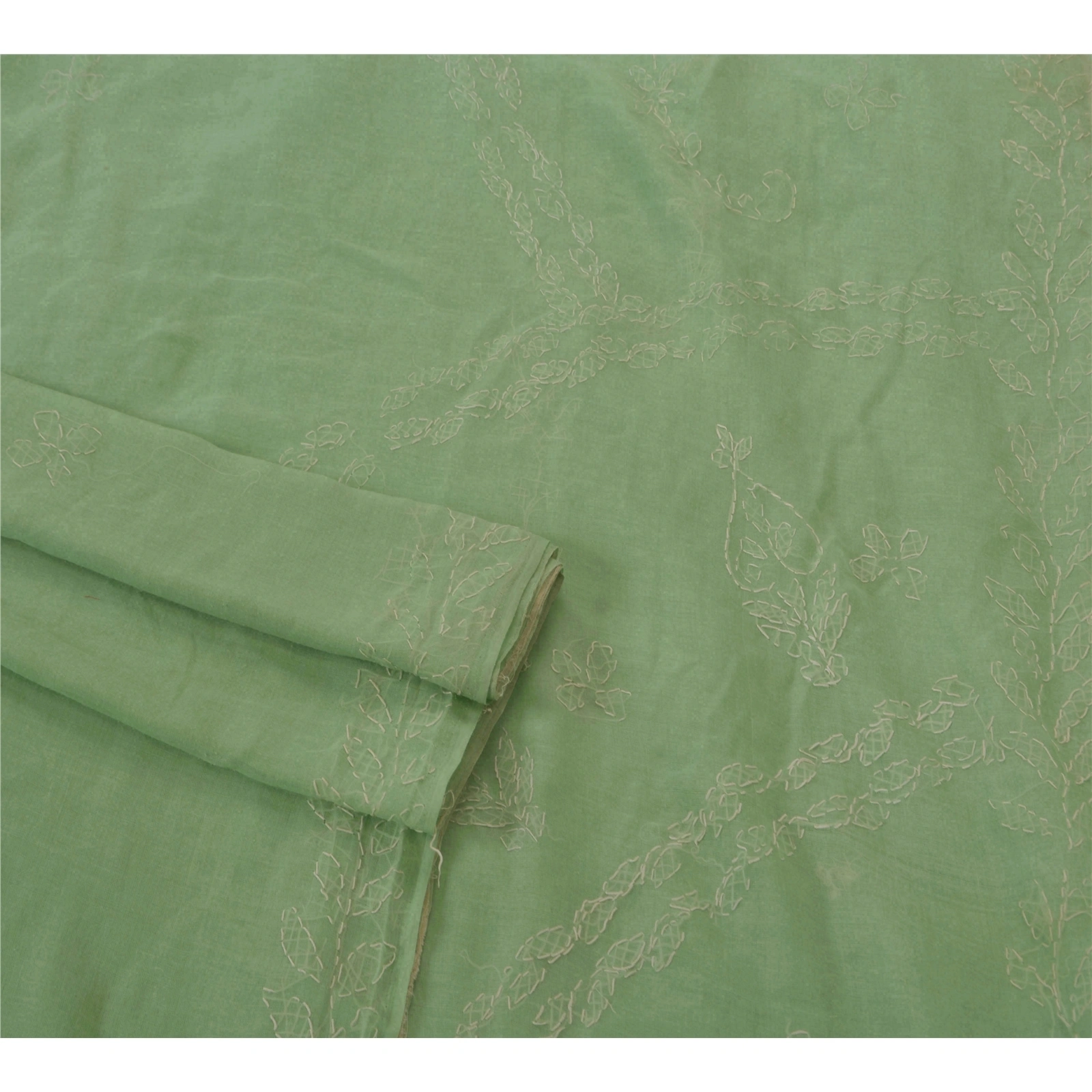 Sanskriti Vintage Indian Sarees Blend Cotton Handmade Chikankari Sari Fabric, PS-50880-Green-Thread Work-Blend Cotton-7