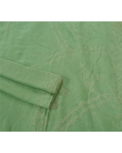 Sanskriti Vintage Indian Sarees Blend Cotton Handmade Chikankari Sari Fabric, PS-50880-Green-Thread Work-Blend Cotton-7