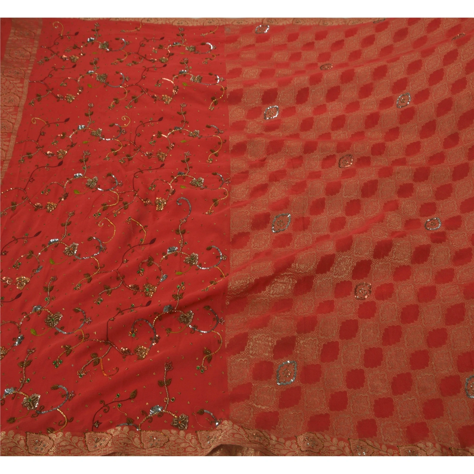 Sanskriti Vintage Red Sarees Pure Georgette Silk Hand Beaded 5 Yard Fabric Sari, PS-51069-Red-Hand Beaded-100% Pure Georgette Silk-1