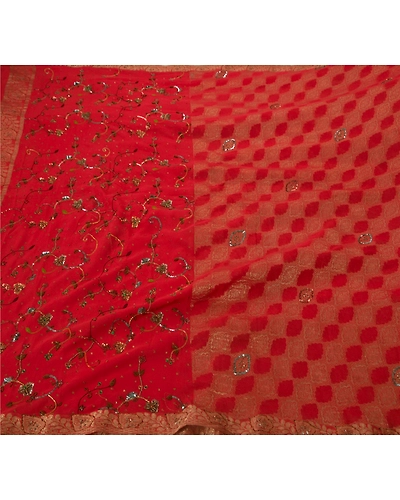 Sanskriti Vintage Red Sarees Pure Georgette Silk Hand Beaded 5 Yard Fabric Sari, PS-51069-Red-Hand Beaded-100% Pure Georgette Silk-1