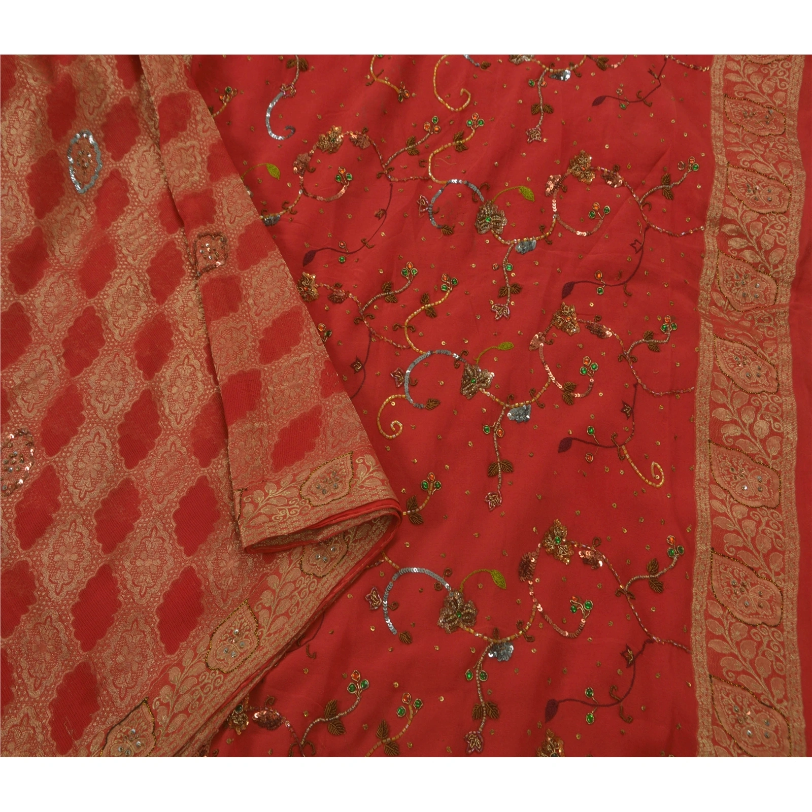 Sanskriti Vintage Red Sarees Pure Georgette Silk Hand Beaded 5 Yard Fabric Sari, PS-51069-Red-Hand Beaded-100% Pure Georgette Silk-2