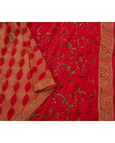 Sanskriti Vintage Red Sarees Pure Georgette Silk Hand Beaded 5 Yard Fabric Sari, PS-51069-Red-Hand Beaded-100% Pure Georgette Silk-2