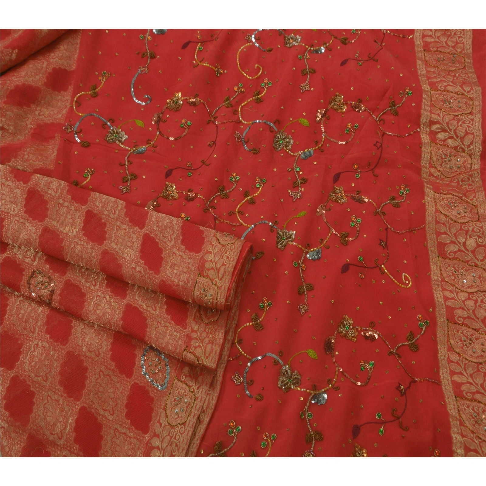 Sanskriti Vintage Red Sarees Pure Georgette Silk Hand Beaded 5 Yard Fabric Sari, PS-51069-Red-Hand Beaded-100% Pure Georgette Silk-3