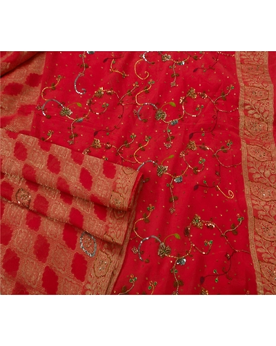 Sanskriti Vintage Red Sarees Pure Georgette Silk Hand Beaded 5 Yard Fabric Sari, PS-51069-Red-Hand Beaded-100% Pure Georgette Silk-3