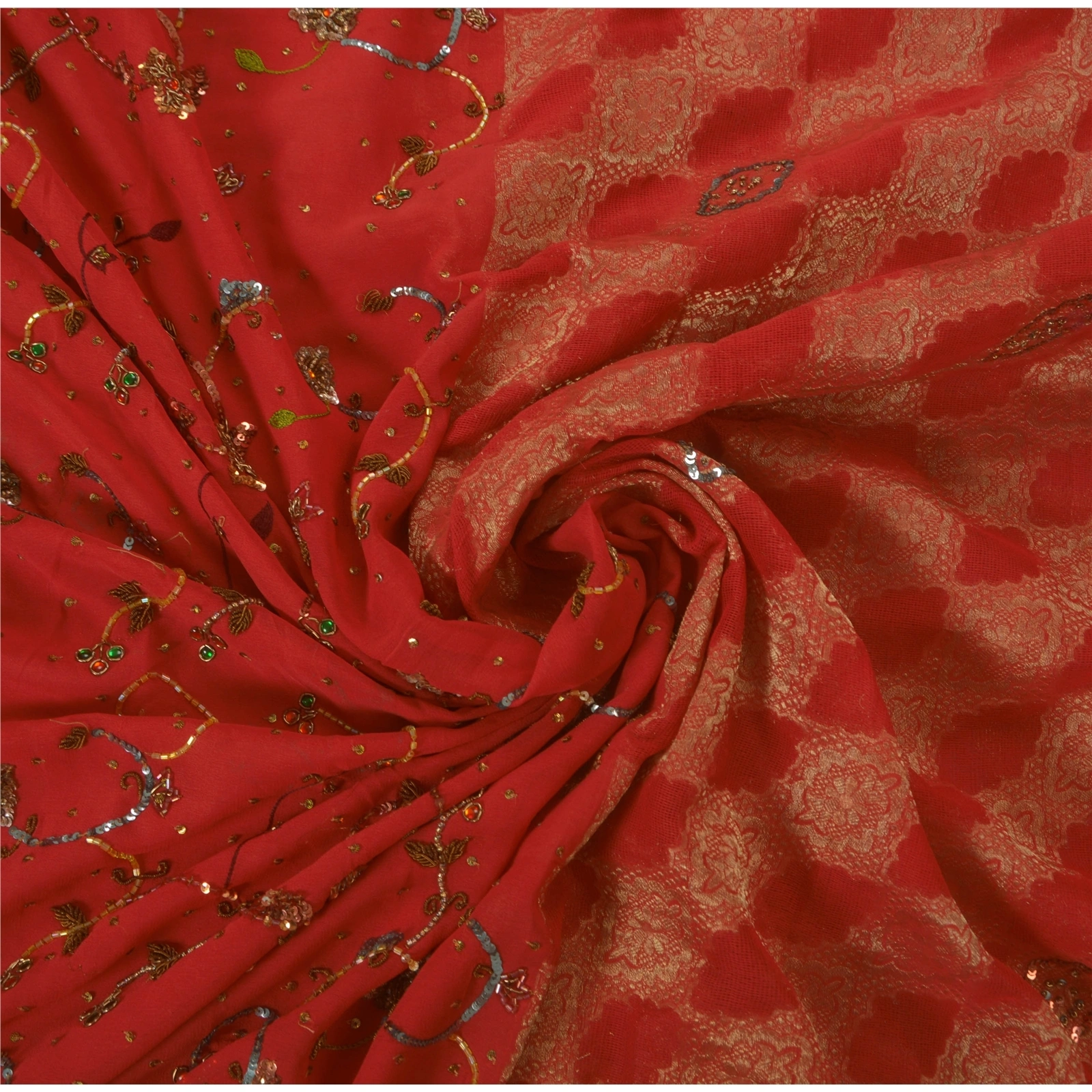 Sanskriti Vintage Red Sarees Pure Georgette Silk Hand Beaded 5 Yard Fabric Sari, PS-51069-Red-Hand Beaded-100% Pure Georgette Silk-6