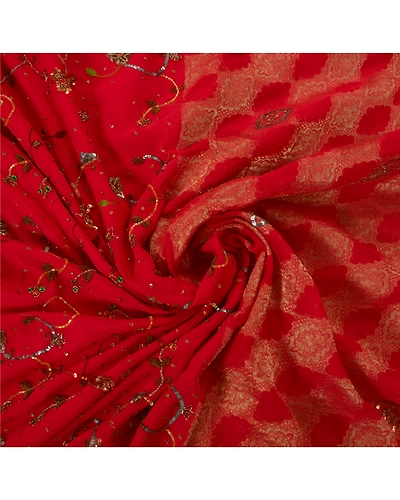 Sanskriti Vintage Red Sarees Pure Georgette Silk Hand Beaded 5 Yard Fabric Sari, PS-51069-Red-Hand Beaded-100% Pure Georgette Silk-6