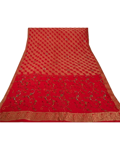 Sanskriti Vintage Red Sarees Pure Georgette Silk Hand Beaded 5 Yard Fabric Sari, PS-51069-Red-Hand Beaded-100% Pure Georgette Silk-7