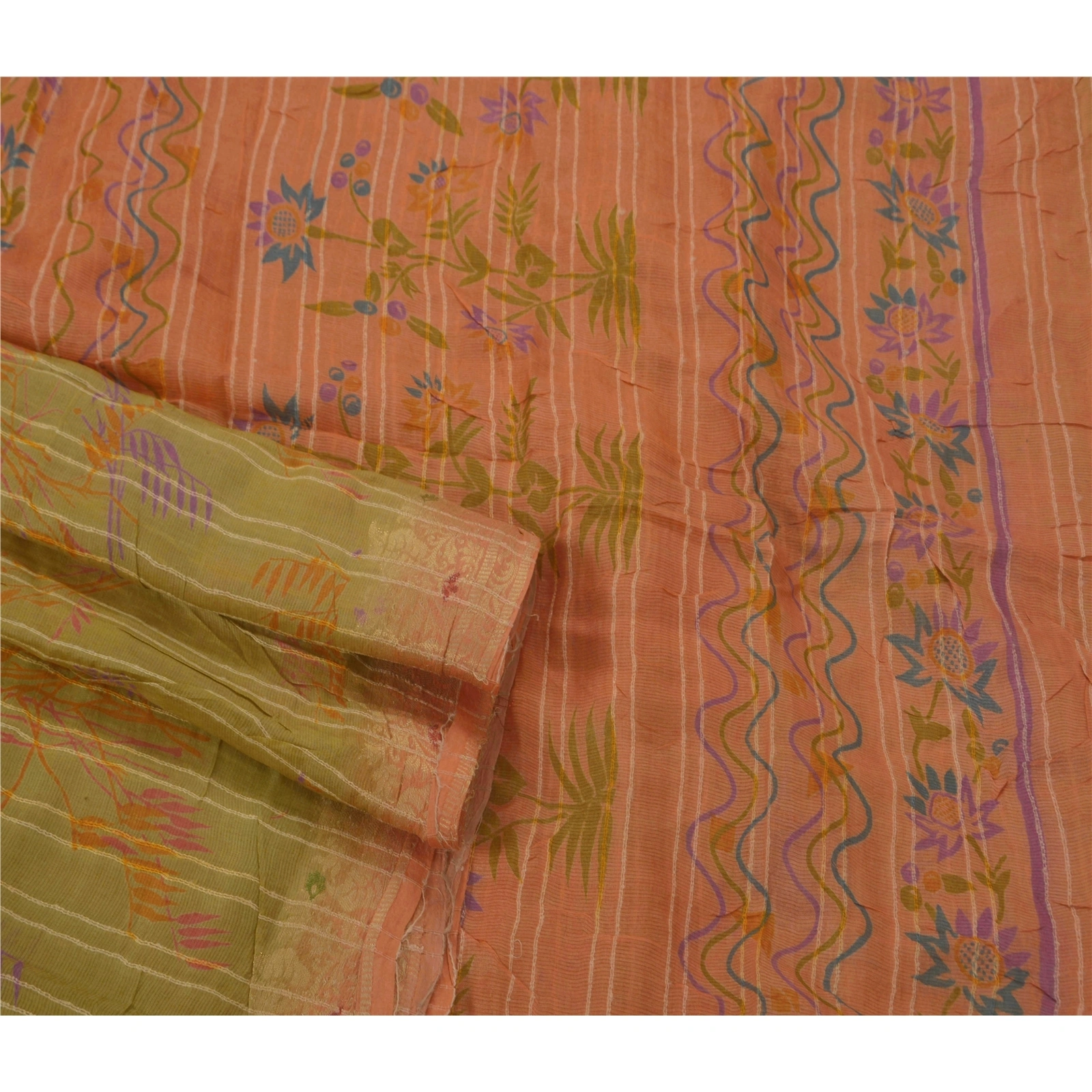 Sanskriti Vintage Peach Sarees 100% Pure Silk Woven Fabric 5 Yard Indian Sari, PS-51182-Peach-Woven Work-100% Pure Silk-2