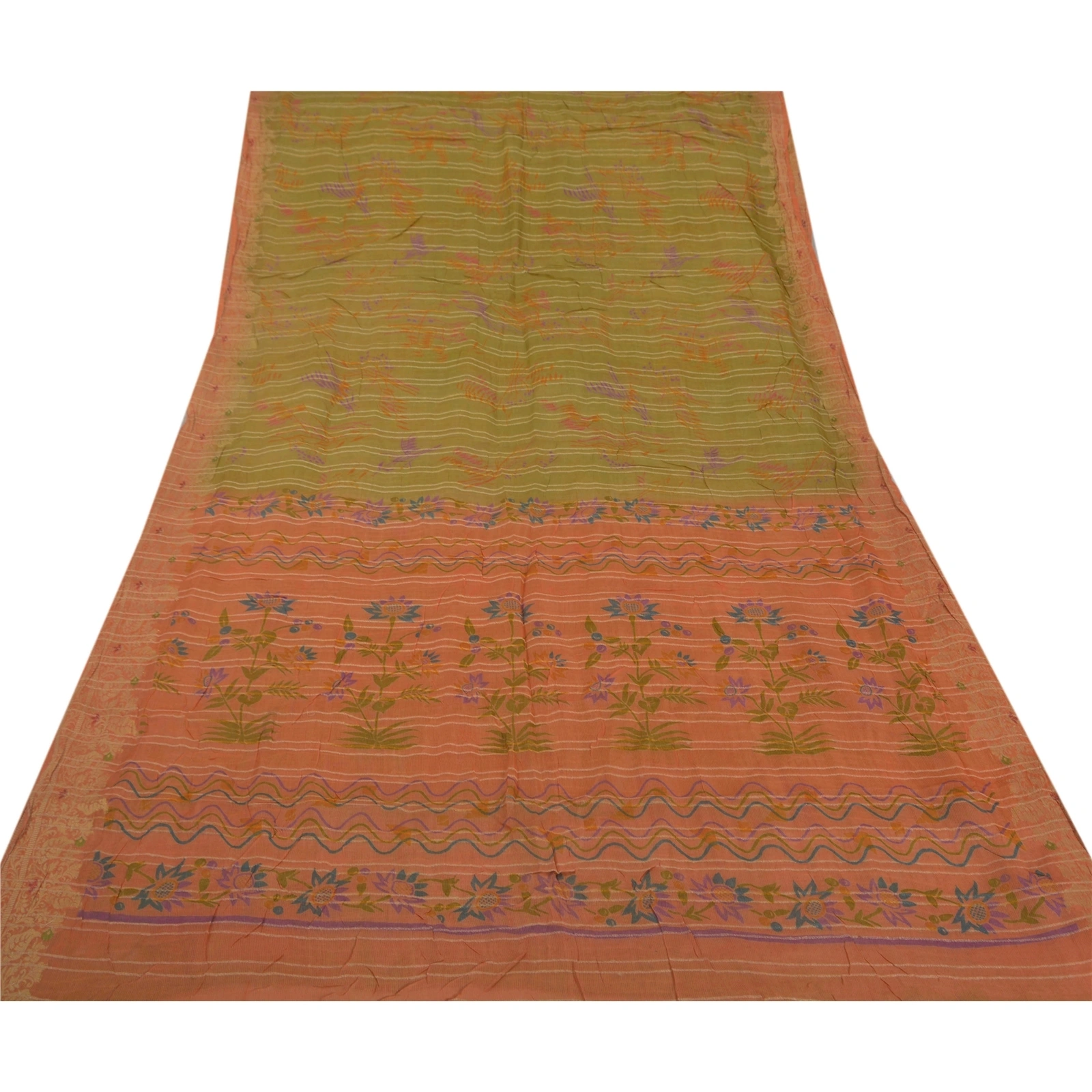 Sanskriti Vintage Peach Sarees 100% Pure Silk Woven Fabric 5 Yard Indian Sari, PS-51182-Peach-Woven Work-100% Pure Silk-7