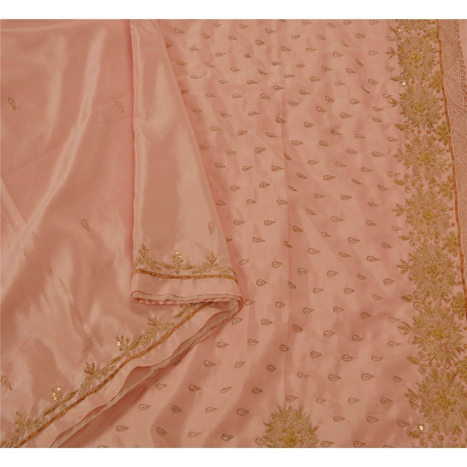 Sanskriti Vintage Peach Sarees Art Silk Hand Beaded Fabric Premium Craft Sari, PS-51203-Peach-Zari/ Zardozi Work-Art Silk-3