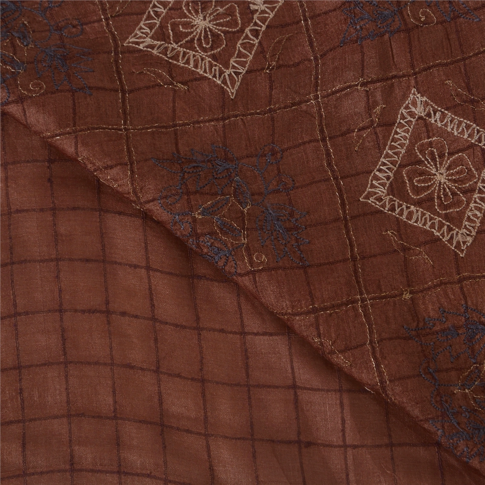 Sanskriti Vintage Brown Sarees Pure Silk Hand Embroidered Craft Fabric 5 Yd Sari, PS-51271-Brown-Thread Work-100% Pure Silk-4